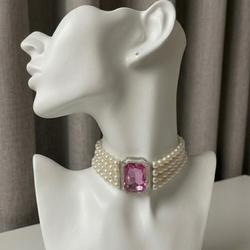 Vintage 1980s Faux Pearl Pink Gem Multi Strand Choker Necklace